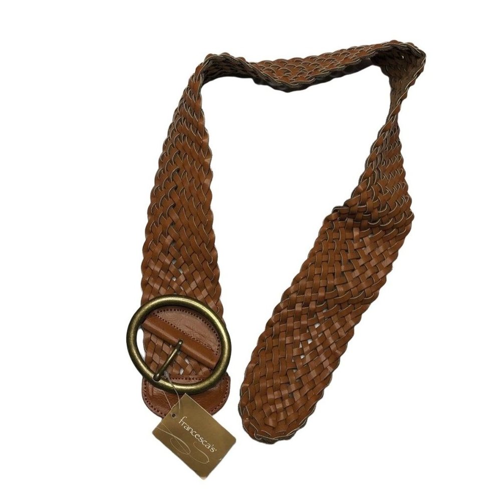 Francescas Womens Brown Belt LOT 2: Woven Oval Buckle, Skinny Flower Front S/M - Picture 2 of 8
